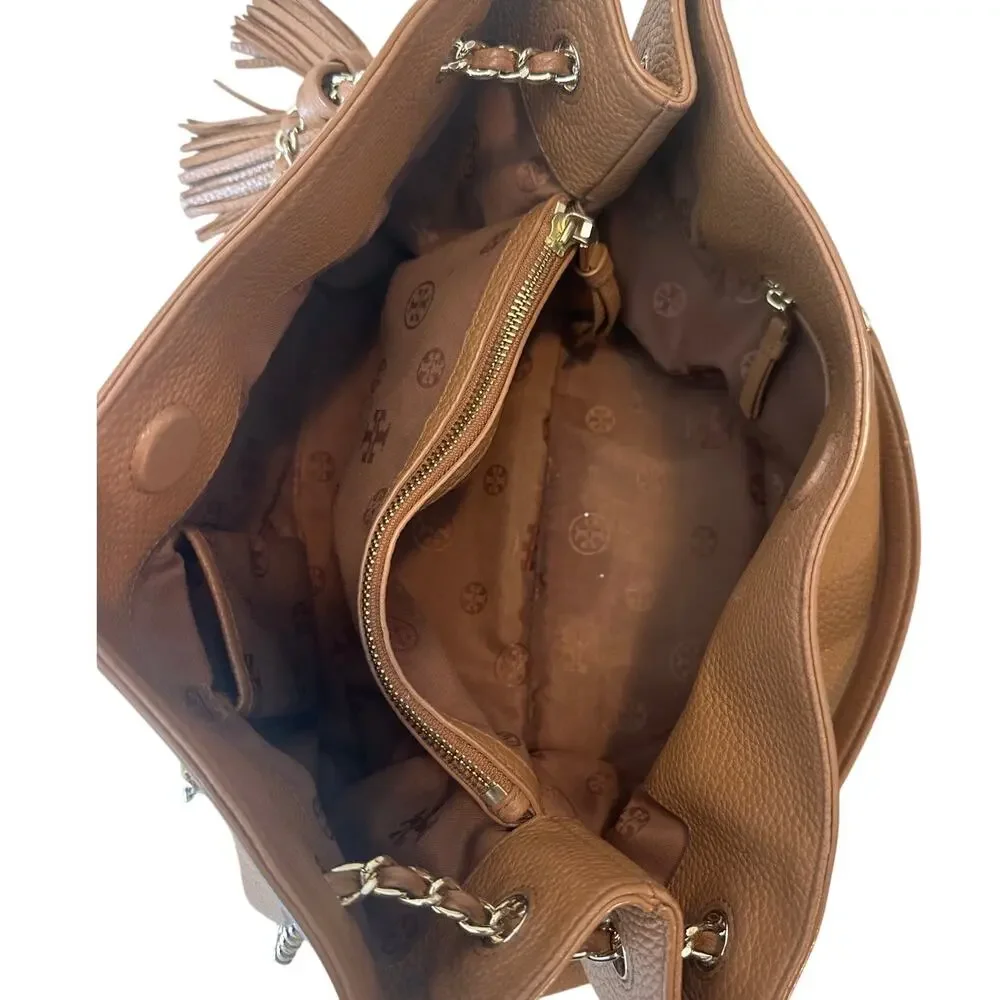 Tory Burch Pebbled Leather Chain Tote Brown‎ Camel Slouchy Bag